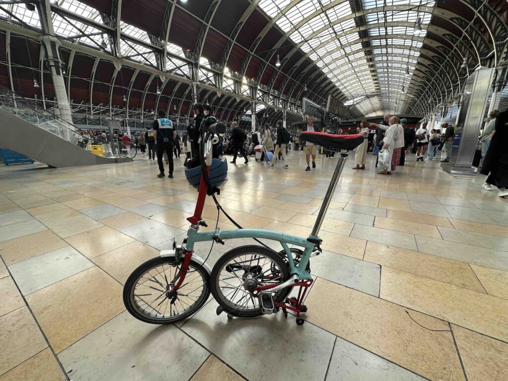 A folding bike in Paddington train station London.