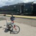 Brompton bike in front of the train in Oxford station.